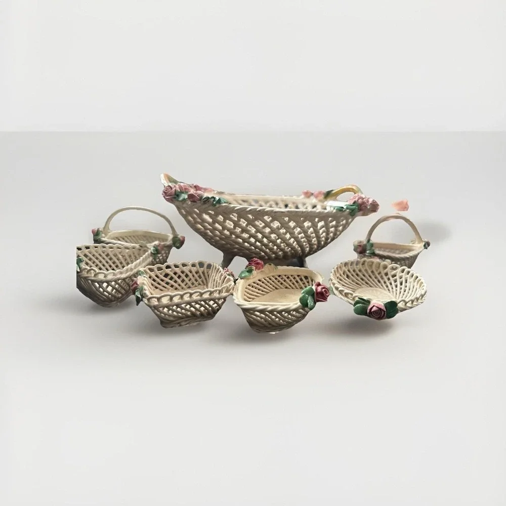 Vintage Woven Italy Campidomite Basket And Trinket Boxes Porcelain (belleek??)